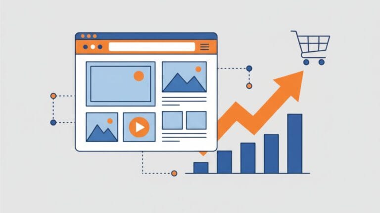A minimalist illustration on a light grey background features a white web browser window displaying a structured layout of content, including blue and orange image placeholders and a blue video play button, symbolizing Amazon A+ content. Dotted lines connect this content window to blue bar graphs showing an upward trend, a large orange upward-pointing arrow, and a blue shopping cart icon, signifying increased conversions and sales. Small orange and blue circles further connect these elements, illustrating the flow from enhanced content to e-commerce success.