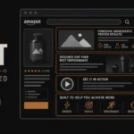 Banner showing a browser with A plus content layout blocks including image modules, text, and video play button, with dotted lines leading to trending bar graphs and a copper rising arrow