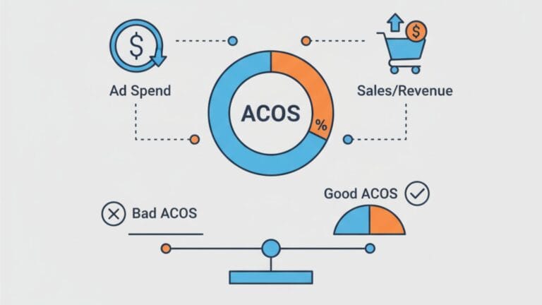 A minimalist illustration on a light grey background centers on a large blue and orange donut chart labeled "ACOS %" in the middle. To its left, a blue circle with a dollar sign and a circular arrow symbolizes "Ad Spend," connected to the chart by a dotted line. To its right, a blue shopping cart with an orange upward arrow and a dollar sign represents "Sales/Revenue," also connected to the chart. Below, a blue and orange seesaw-like balance beam shows an "X" mark next to "Bad ACoS" on the left and a blue and orange segment with a checkmark next to "Good ACoS" on the right, illustrating the concept of ACoS optimization, all rendered in a cohesive blue and orange color scheme.