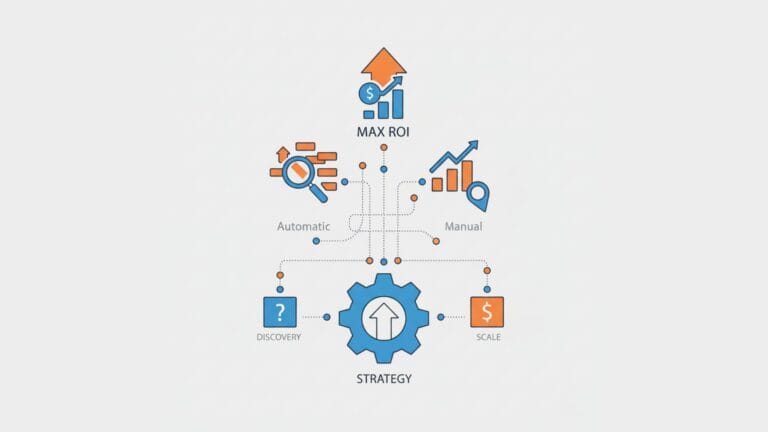 A minimalist illustration on a light grey background depicts a central blue gear icon with an orange upward arrow, labeled "STRATEGY." Below it, a blue cube with a question mark is labeled "DISCOVERY," and an orange cube with a dollar sign is labeled "SCALE," both connected to the gear by dotted lines. Above the gear, two distinct paths emerge: "Automatic" on the left, shown with a blue magnifying glass and orange bar graphs leading to a larger blue bar graph with an orange upward arrow; and "Manual" on the right, shown with orange bar graphs and a blue pin icon leading to another blue bar graph with an orange upward arrow. Both paths ultimately converge to a central icon at the top featuring blue bar graphs with an orange upward arrow and a dollar sign, labeled "MAX ROI," symbolizing the combined strategy for maximizing return on investment. All elements are connected by dotted lines and small blue and orange circles, rendered in a cohesive blue and orange color scheme.