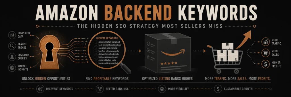 Banner featuring a copper keyhole revealing data lines with a magnifying glass, a product box with copper Amazon smile logo in the center, and a shopping cart with stacked boxes and upward arrow