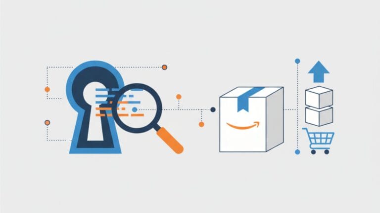 A minimalist illustration on a light grey background features a prominent blue keyhole icon on the left, from which blue lines resembling text or data are emerging. An orange-handled magnifying glass is positioned over these lines, symbolizing the "hidden" aspect of backend keywords. These elements are connected by dotted lines to a central white product box with an orange Amazon smile logo and a blue ribbon. To the right of the box, a blue shopping cart icon is stacked with two white boxes and topped with a blue upward arrow, signifying increased product discoverability and sales. The entire composition uses a blue and orange color scheme and small connecting circles, emphasizing the strategic connection between hidden keywords and e-commerce success.