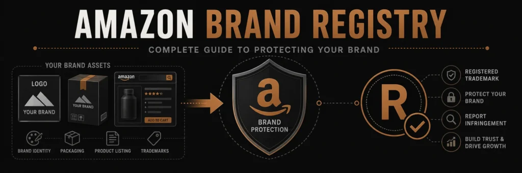 Banner with a shield containing a copper brand icon in the center, unprotected brand assets on the left with a copper arrow pointing to the shield, and a registered trademark badge on the right