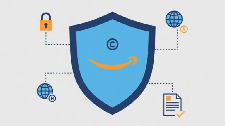 A minimalist illustration on a light grey background features a prominent blue shield icon with a central orange Amazon smile logo and a small black copyright symbol. Connected to the shield by dotted lines are various symbols of intellectual property and security: an orange padlock, two blue globe icons with orange "R" (registered trademark) symbols, and a blue document icon with an orange checkmark, all emphasizing comprehensive brand protection.