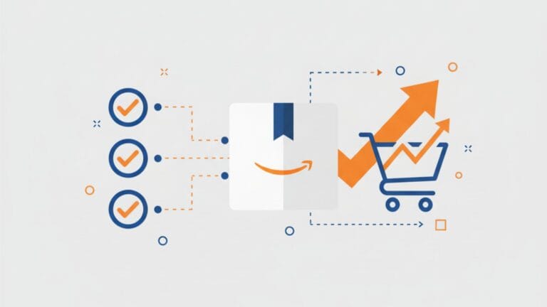 A minimalist illustration on a light grey background features a central white product box with an orange Amazon smile logo and a blue ribbon. To its left, three blue circular bullet points with orange checkmarks are connected to the box by dotted lines. To the right of the box, a blue shopping cart icon with an upward-pointing orange arrow and a small orange bar graph indicates increased sales. All elements are interconnected by a network of dotted lines with small orange and blue circles, representing the conversion process from features to sales.