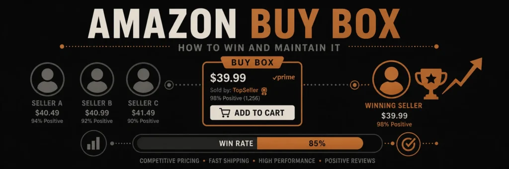 Banner with a copper Buy Box badge and Add to Cart button in the center, fading competitor seller icons on the left, and a winning seller icon with a copper trophy and upward arrow on the right