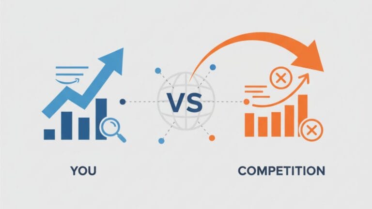 A minimalist illustration on a light grey background depicts two distinct sections separated by a subtle globe icon with "VS" in its center. On the left, representing "YOU," blue bar graphs show an upward trend with a blue Amazon smile logo integrated into an arrow, and a magnifying glass icon. On the right, representing "COMPETITION," orange bar graphs show a declining trend with a downward-curving orange arrow and crossed-out "X" symbols, implying setbacks. Both sections are connected to the central globe by dotted lines with small blue and orange circles, symbolizing global market comparison.