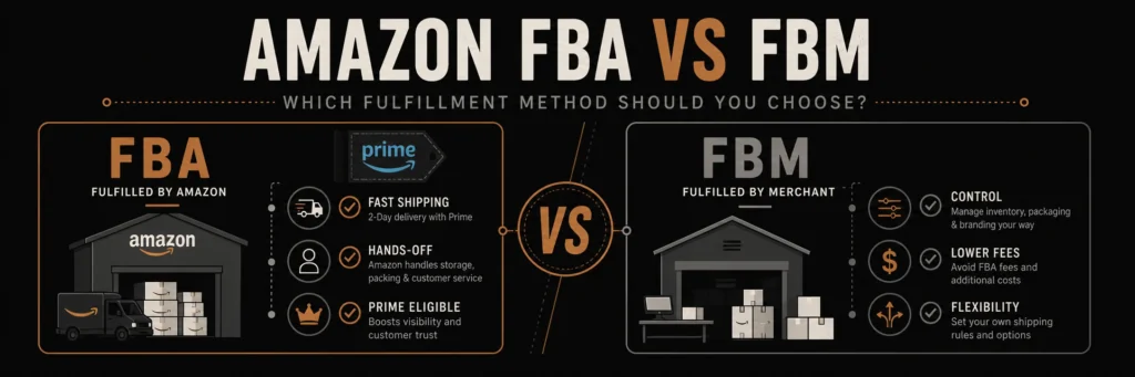 Split screen banner comparing FBA with a warehouse icon and Prime badge on the left against FBM with a seller warehouse and copper checkmarks on the right, separated by a copper VS divider