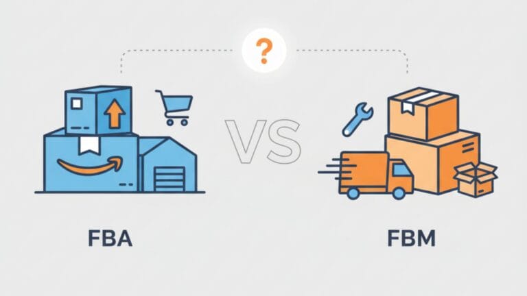 A minimalist illustration on a light grey background, visually comparing "FBA" and "FBM." On the left, representing FBA, blue outlines depict a warehouse, stacked boxes with an orange Amazon smile logo and an upward arrow, and a small shopping cart, connected by a dotted line to a central orange question mark. On the right, representing FBM, orange outlines show a delivery truck, stacked boxes, and a blue wrench, also connected to the question mark. A subtle grey "VS" stands between the two options.