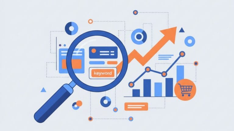 A minimalist illustration on a light grey background features a large blue magnifying glass in the center, highlighting an orange "keyword" tag and blue data bars, symbolizing keyword research. To the right, a blue bar graph shows an upward trend, marked by a prominent orange upward-pointing arrow and a small blue shopping cart icon, signifying growth and sales. Various blue and orange circular data points, connected by dotted lines, surround these elements, representing a network of insights and optimization. All elements are rendered in a cohesive blue and orange color scheme.
