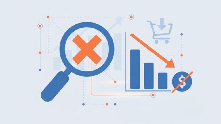 A minimalist illustration on a light grey background features a prominent blue magnifying glass with a large orange "X" in its center, symbolizing filtering or exclusion. To the right, blue bar graphs show a declining trend, accompanied by a downward-pointing orange arrow and a blue crossed-out dollar sign, indicating reduced wasted ad spend. A faint blue shopping cart with a downward arrow is also visible. All elements are interconnected by a network of dotted lines with small orange and blue circles, representing data flow and optimization.