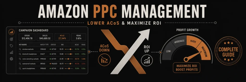 Banner showing a PPC campaign dashboard with bid sliders and keyword rows, a crossing downward copper ACoS arrow and upward ROI arrow in the center, and a profit meter hitting the target zone