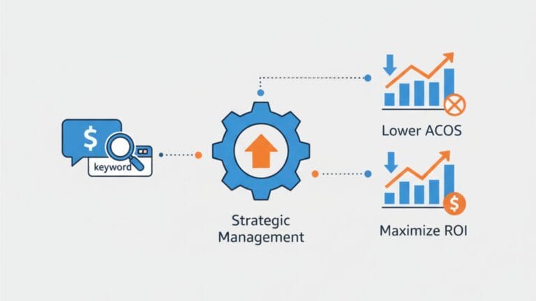 A minimalist illustration on a light grey background features a central blue gear icon with an orange upward arrow, symbolizing "Strategic Management." To its left, a blue speech bubble with a dollar sign and a blue magnifying glass over the word "keyword" represents keyword optimization. This is connected by a dotted line to the gear. To the right of the gear, two separate blue bar graphs illustrate financial outcomes: the upper graph shows an orange downward arrow with blue bars and an "X" mark, indicating "Lower ACoS"; the lower graph shows an orange upward arrow with blue bars and an orange dollar sign, signifying "Maximize ROI." Both outcome graphs are connected to the central gear by dotted lines, all rendered in a cohesive blue and orange color scheme.