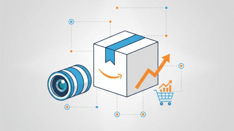 A minimalist illustration on a light grey background centers on a white product box with an orange Amazon smile logo and a blue ribbon. To its left, a stylized blue and white camera lens with an orange ring represents high-quality photography. To the right of the box, a blue shopping cart icon is accompanied by an orange upward-pointing arrow and small orange bar graphs, signifying increased sales. All elements are interconnected by a network of dotted lines with small orange and blue circles, emphasizing the link between product images and conversion.