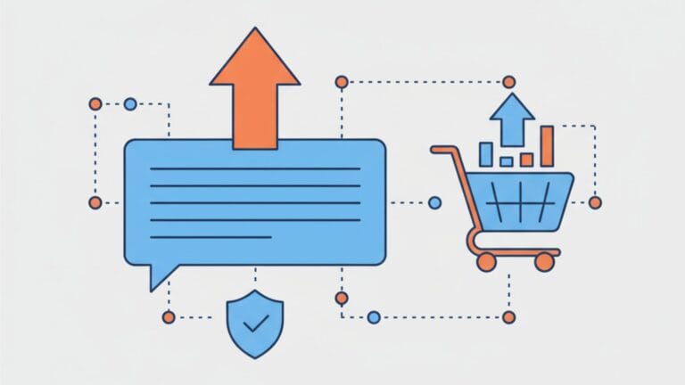 A minimalist illustration on a light grey background features a central blue speech bubble icon with horizontal lines representing text, topped by a large orange upward-pointing arrow, symbolizing a prominent and effective product title. Below the speech bubble, a small blue shield icon indicates protection or reliability. To the right, a blue shopping cart icon with orange wheels is filled with small blue boxes and orange bar graphs, topped by a blue upward arrow, signifying increased sales and conversion. All elements are interconnected by a network of dotted lines with small orange and blue circles, illustrating the path from an optimized title to e-commerce success.