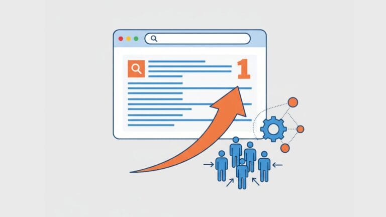 A minimalist illustration on a light grey background features a white web browser window with a search bar and blue search results, prominently displaying a large orange "1" indicating page one ranking. A large orange upward-pointing arrow emerges from beneath the search results, symbolizing increased ranking. Below the arrow, a group of blue human figures with arrows pointing inwards represents organic traffic. To the right, a blue gear icon with an orange upward arrow is connected to the other elements by dotted lines and small orange and blue circles, signifying the underlying SEO optimization strategy. All elements are rendered in a cohesive blue and orange color scheme.