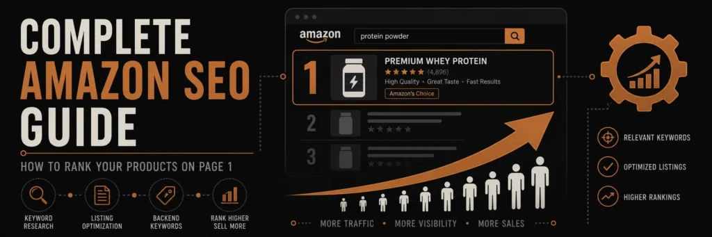 Banner showing a dark browser with a copper number one at the top of search results, a rising copper arrow, organic traffic figures below, and a gear icon with upward arrow on the right
