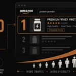 Banner showing a dark browser with a copper number one at the top of search results, a rising copper arrow, organic traffic figures below, and a gear icon with upward arrow on the right