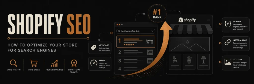 Banner showing a dark Shopify storefront behind a search results mockup, with a copper upward arrow lifting it toward position one and SEO checklist icons for meta tags, speed, schema, internal links, and alt text