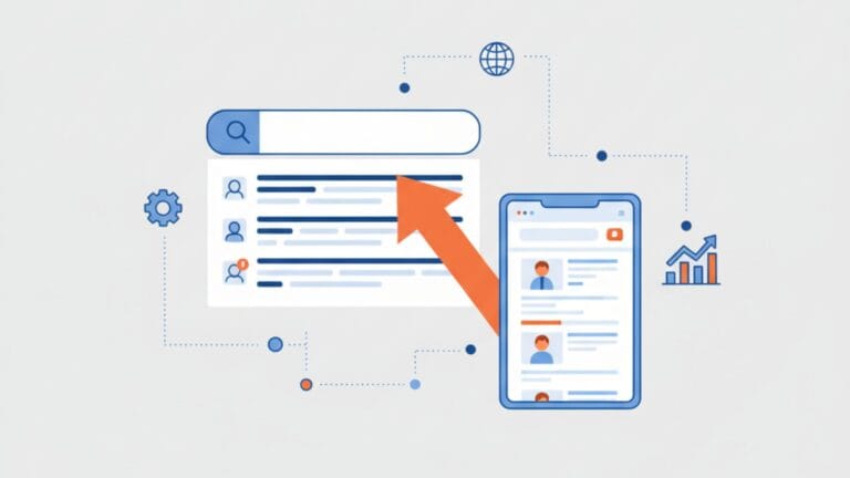 A minimalist illustration on a light grey background depicts a large white horizontal search bar with a blue magnifying glass icon on the left. Below it, a white rectangle with blue lines and small human profile icons represents search results, with a prominent orange upward-pointing arrow indicating a high ranking. To the right, a blue-outlined smartphone displays similar search results, and further right, blue bar graphs with an orange upward arrow signify growth. Dotted lines connect these elements to a blue gear icon, a blue globe icon, and small orange and blue circles, symbolizing interconnectedness and optimization.