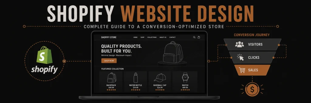 Banner showing a dark Shopify storefront mockup on a laptop with hero, product grid, and CTA sections, and a conversion funnel with a copper dollar sign on the right