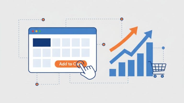 A minimalist illustration on a light grey background centers on a white web browser window displaying a clean grid layout and an orange "Add to Cart" button, being clicked by a white hand cursor. To the right, blue bar graphs show an upward trend, accompanied by a large orange upward-pointing arrow and a blue shopping cart icon, signifying increased sales and conversion. All elements are interconnected by a network of dotted lines with small orange and blue circles, representing the journey from design and user interaction to purchase.
