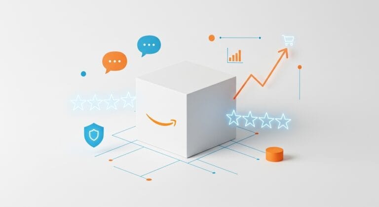 A minimal, clean white background features a central white cube with a subtle orange Amazon smile logo. To its right, an orange upward-pointing arrow and blue bar graph indicate growth, alongside four glowing blue outline stars representing product reviews. Surrounding these elements are a network of dotted lines connecting small blue and orange circles, a blue shopping cart icon, a blue shield icon, and blue speech bubble icons, all contributing to a sense of data, trust, and e-commerce interaction.