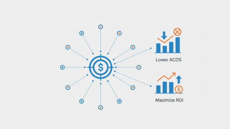 A minimalist illustration on a light grey background features a central blue target icon with a dollar sign at its core, representing a focused advertising goal. Dotted lines with blue arrows radiate inwards towards this target from numerous small blue and orange circles around the periphery, symbolizing multiple strategies converging. To the right, two separate sets of blue bar graphs illustrate financial outcomes: the upper graph shows an orange downward arrow with blue bars and a crossed-out "X" mark, indicating "Lower ACoS"; the lower graph shows an orange upward arrow with blue bars and an orange dollar sign, signifying "Maximize ROI." All elements are rendered in a cohesive blue and orange color scheme.
