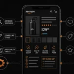 Banner showing a dark mobile Amazon listing with a copper gear optimization icon, a rising bar graph connecting to a page one speech bubble, and a copper numbered badge showing 15 ways