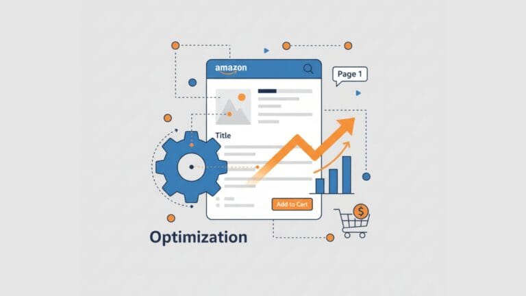 A minimalist illustration on a light grey background features a central white mobile screen displaying a simplified Amazon product listing with an "amazon" logo, a search bar, an image placeholder, a title, and an "Add to Cart" button. To its left, a blue gear icon with an orange dot symbolizes "Optimization." To its right, a large orange upward-pointing arrow emerges from blue bar graphs, indicating increased sales, and connects to a blue speech bubble labeled "Page 1," signifying high ranking. A blue shopping cart with an orange dollar sign is also present. All elements are interconnected by a network of dotted lines with small orange and blue circles, representing the process of listing optimization.