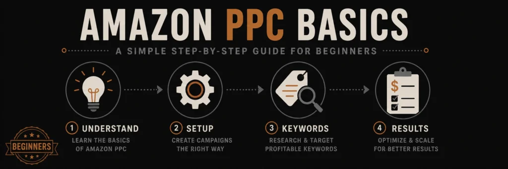 Banner with a four-step icon flow from lightbulb to gear to price tag and magnifier to dollar checklist, connected by dotted arrows on a deep dark background, with a copper beginners badge