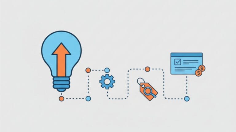 A minimalist illustration on a light grey background depicts a sequence of interconnected icons. On the far left, a blue lightbulb with an orange upward arrow symbolizes understanding and growth. This connects via a dotted line to a blue gear icon, representing optimization or setup. Further along the dotted line, an orange price tag icon with a blue magnifying glass symbolizes PPC (Pay-Per-Click) and keyword research. Finally, this connects to a blue web page icon displaying a checklist and orange dollar signs, signifying a successful campaign setup and profitability. Small orange and blue circles mark the connections along the dotted path, all rendered in a cohesive blue and orange color scheme.