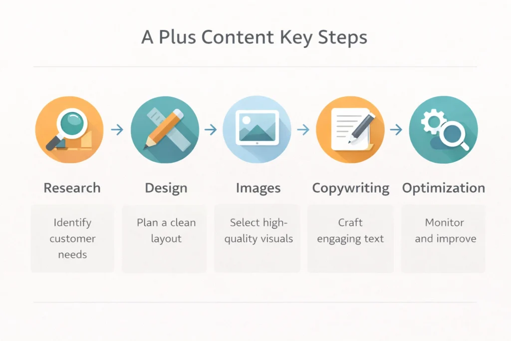 Amazon A Plus Content Design summary infographic showing key steps for strong content