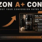 Before and after banner comparing a basic Amazon listing on the left with a rich A plus content layout on the right, separated by a copper upward arrow, showing conversion rate rising from 8 to 15 percent