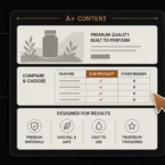 Banner showing an A plus content design canvas with module blocks including hero image, comparison table, and feature icons, with a copper cursor and rising sales bar chart