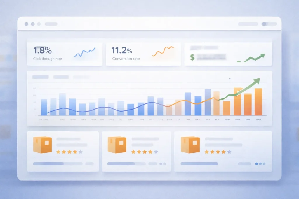 Amazon A10 Algorithm Optimization dashboard showing ranking performance metrics