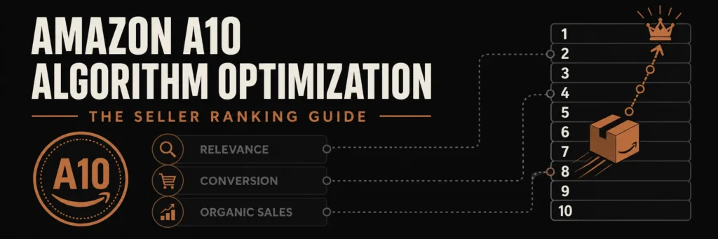 Banner showing a product icon climbing a ranking ladder from position 8 to 1, with a copper A10 badge and signal bars for relevance, conversion, and organic sales connected by dotted lines
