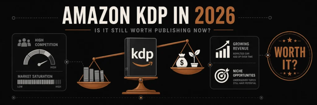 Banner showing a KDP book on a copper scale with competition and saturation weighing down the left pan, and revenue and niche opportunity icons lifting the right pan slightly higher