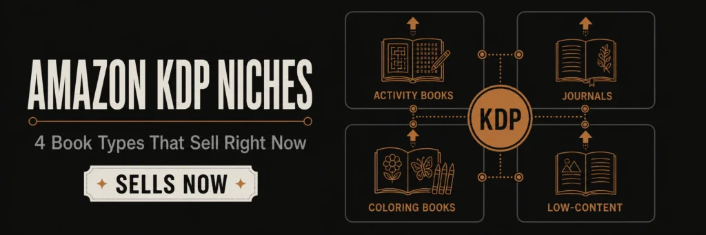 Banner with four book type icons in a grid showing activity books, journals, coloring books, and low-content books, each with a copper upward arrow and a central KDP badge