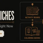 Banner with four book type icons in a grid showing activity books, journals, coloring books, and low-content books, each with a copper upward arrow and a central KDP badge