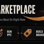 Banner with a large copper Amazon smile arrow pointing forward, surrounded by four action cards for listing optimization, PPC, brand building, and international expansion