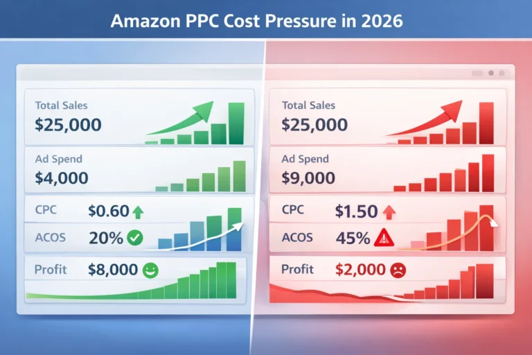 Amazon PPC cost increase dashboard showing rising CPC and ACOS trends in 2026