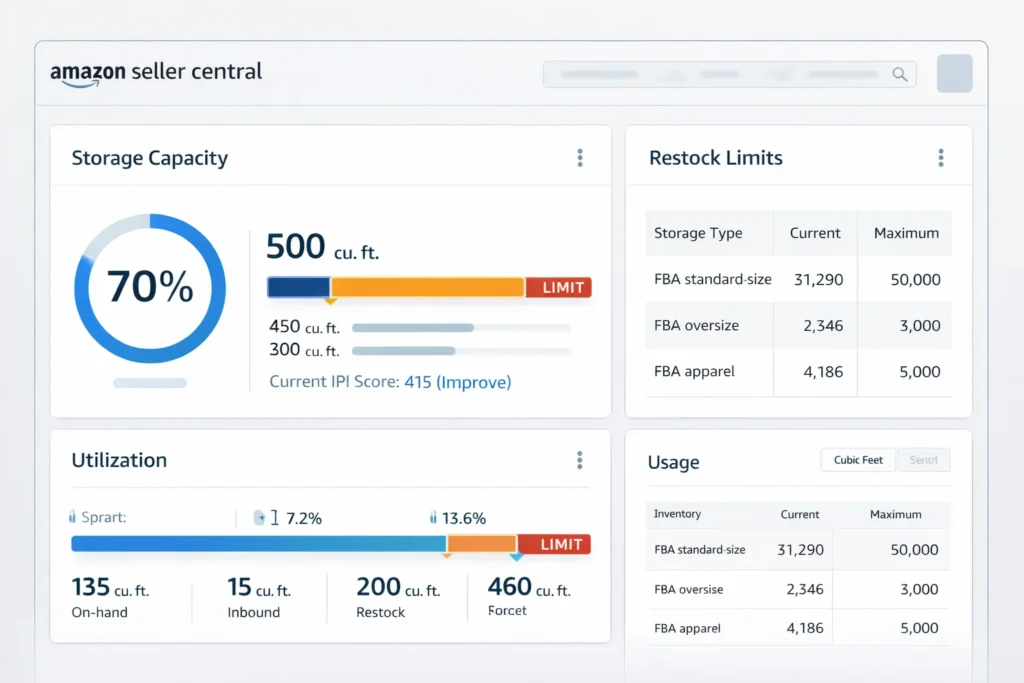 amazon fba storage limits dashboard showing capacity usage and restock limits