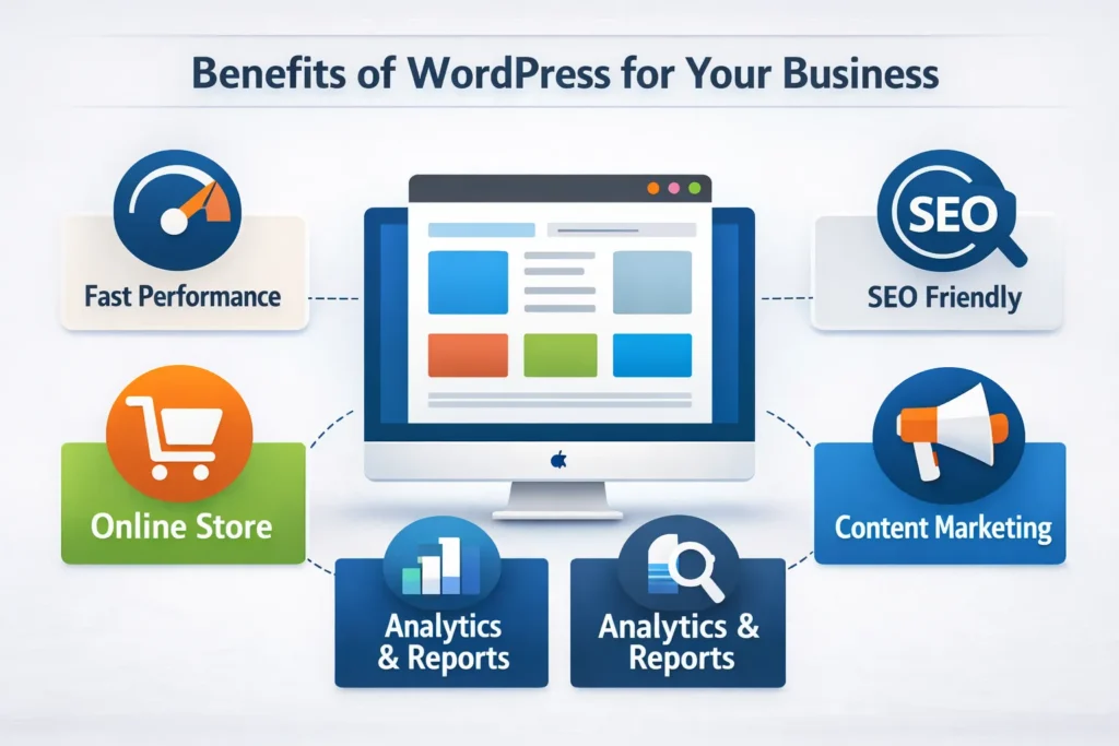 Infographic summarizing benefits of WordPress for ecommerce businesses and online stores