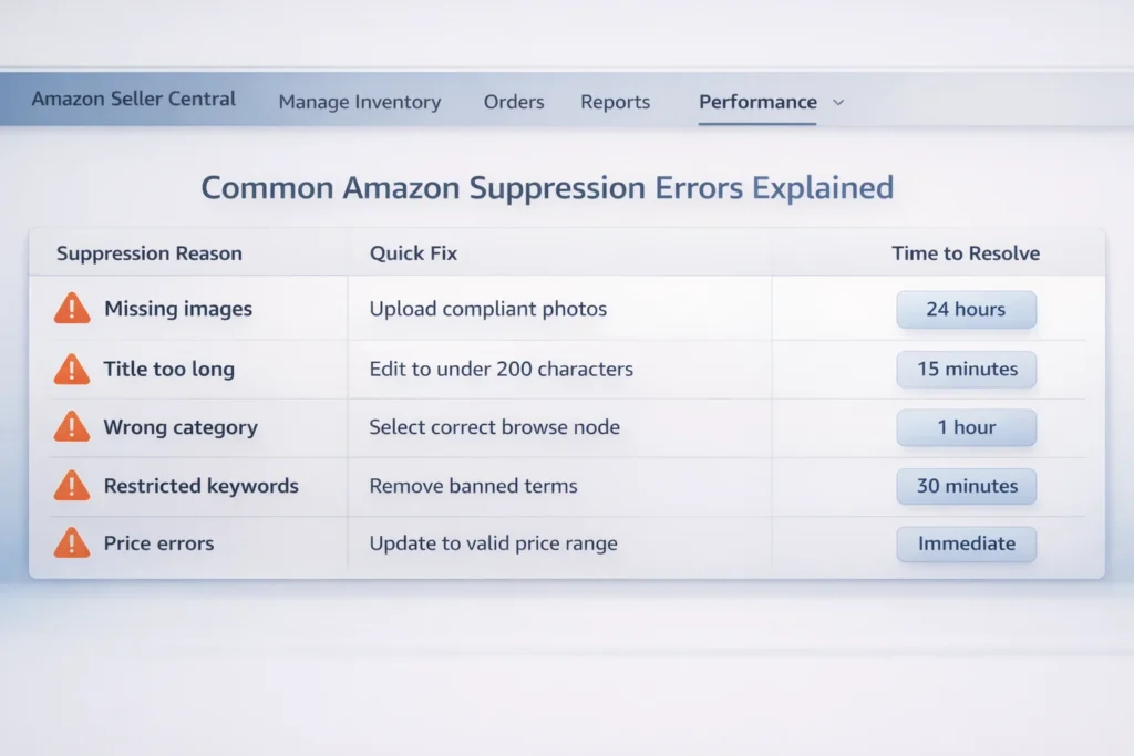 Amazon Seller Central dashboard displaying common listing suppression errors and warnings