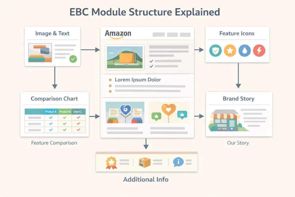 Amazon EBC Enhanced Brand Content Service diagram showing how modules connect in a listing