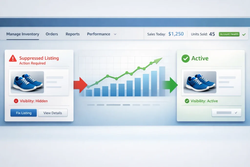 Amazon suppressed listing fix dashboard showing transition from suppressed to active listing status