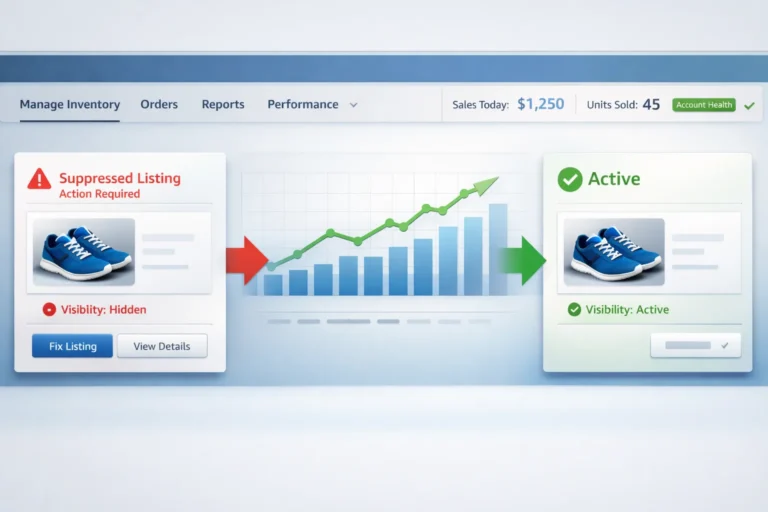 Amazon suppressed listing fix dashboard showing transition from suppressed to active listing status