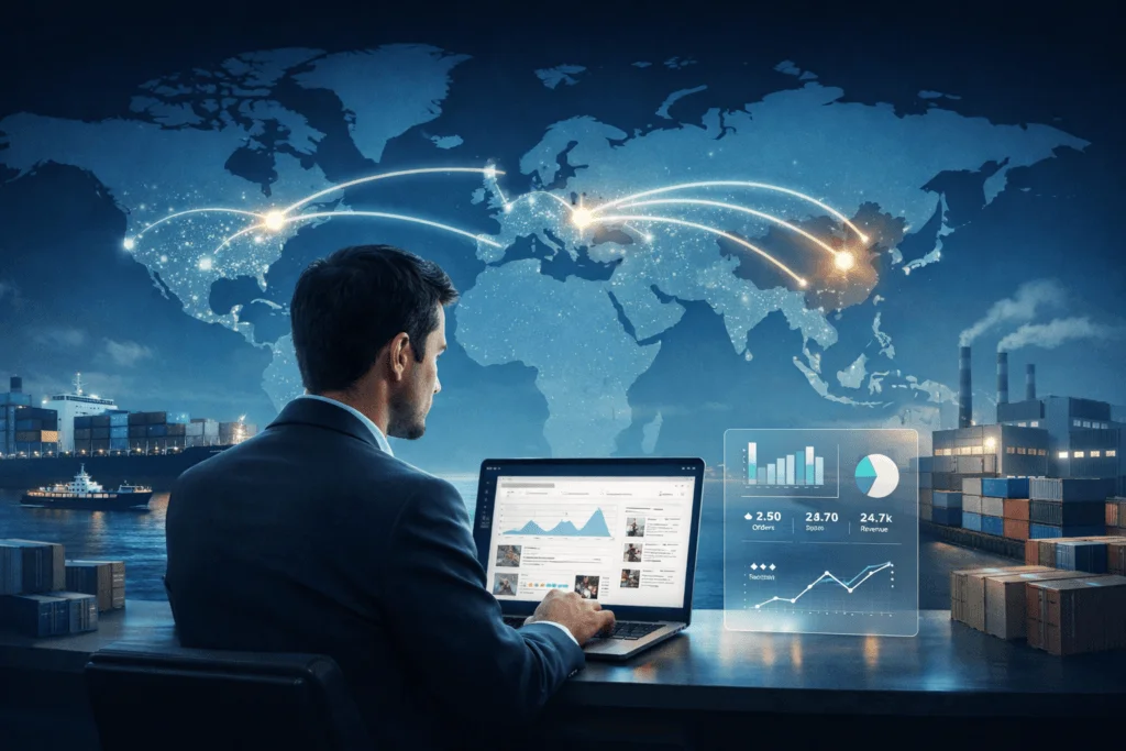product sourcing global strategy for Amazon sellers with world map connections