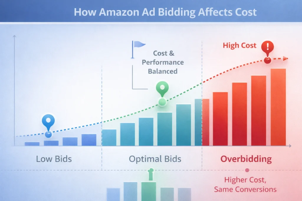 Amazon ad bidding strategy chart showing cost increase with higher bids